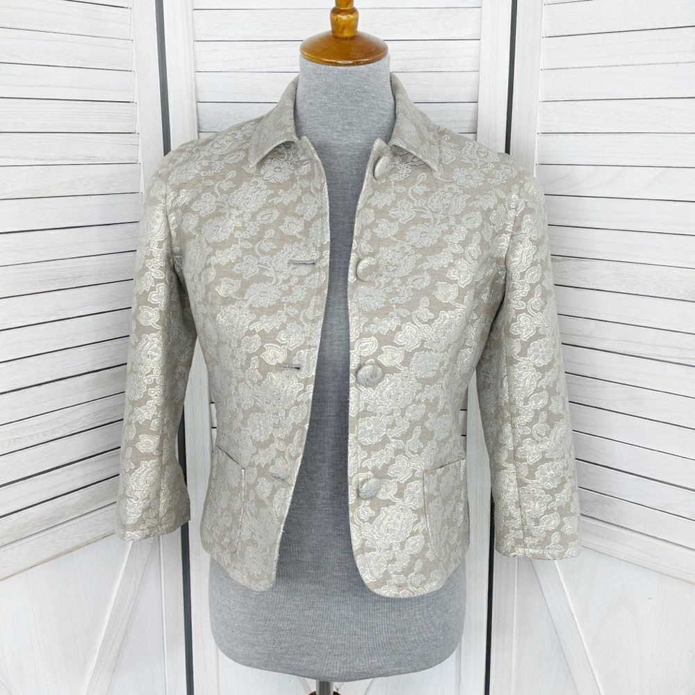 Harold’s Metallic Floral Jaquard Blazer Jacket Tan Grey Gold 2